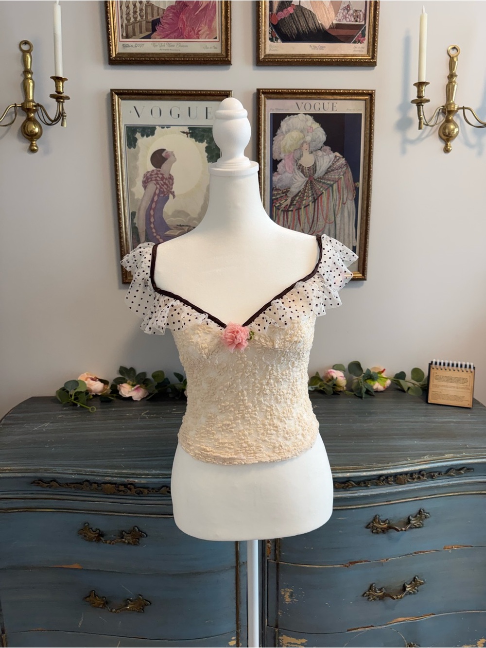 Free People Up cycled Cream Lace Top with Brown Polka-Dot Ruffle and Pink Flower